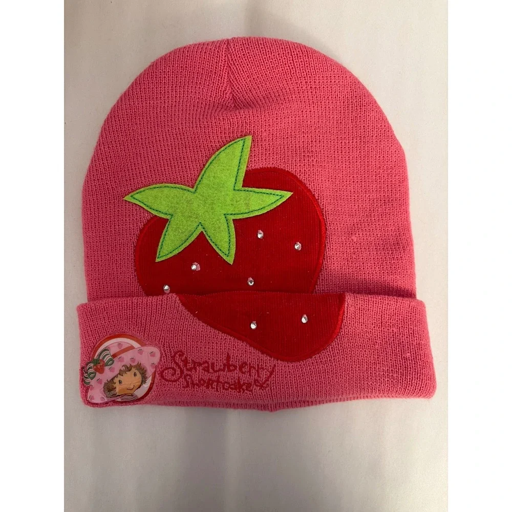 Strawberry Shortcake Beanie Girls One Size Pink Rhinestone Knit Hat Retro Y2K